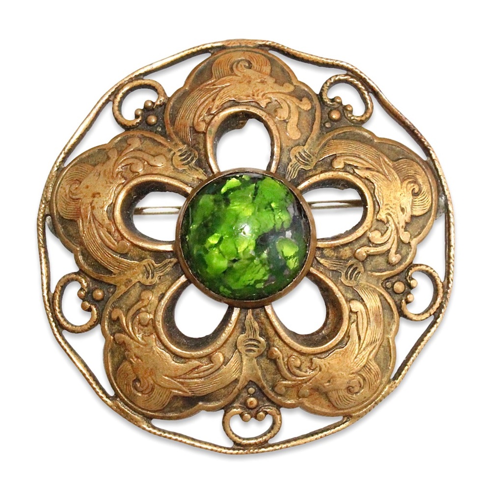 Vintage Brass Dragon Brooch Pin with Green Crackle Cabochon Mid-Century
